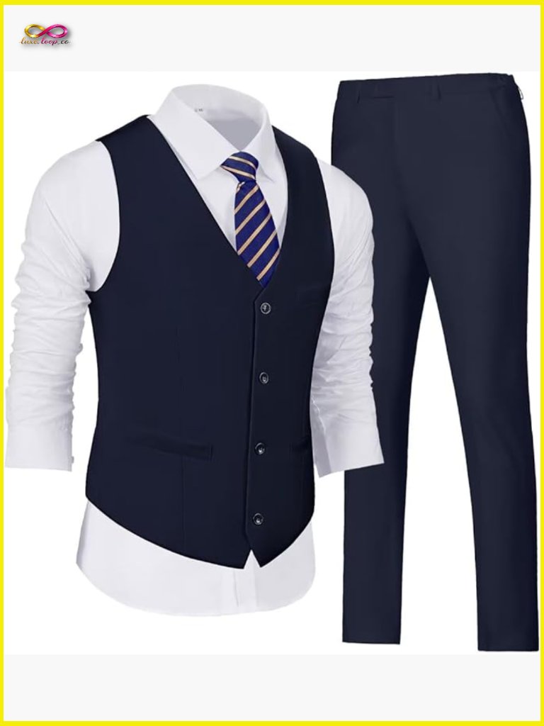 Slim Fit V-Neck Vest Pant Suit Set Modern Fitted Formal Casual Business Wear
